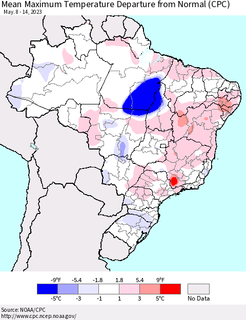 Brazil Mean Maximum Temperature Departure from Normal (CPC) Thematic Map For 5/8/2023 - 5/14/2023
