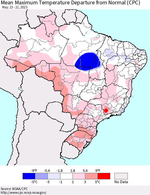 Brazil Mean Maximum Temperature Departure from Normal (CPC) Thematic Map For 5/15/2023 - 5/21/2023