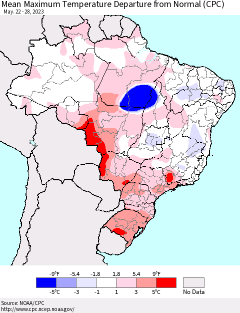 Brazil Mean Maximum Temperature Departure from Normal (CPC) Thematic Map For 5/22/2023 - 5/28/2023