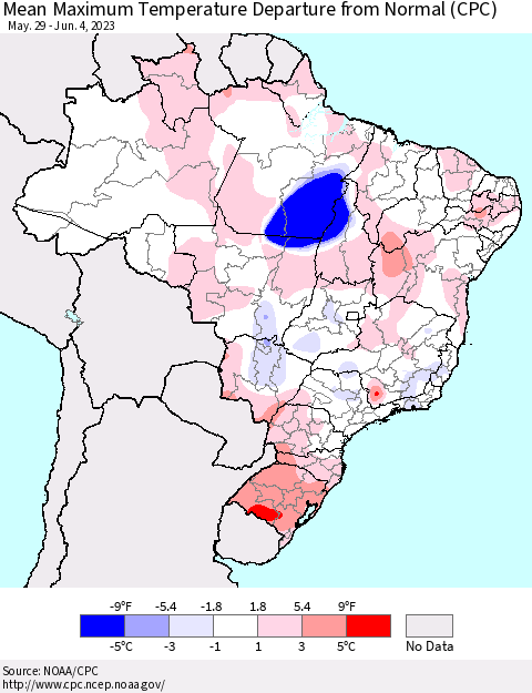 Brazil Mean Maximum Temperature Departure from Normal (CPC) Thematic Map For 5/29/2023 - 6/4/2023