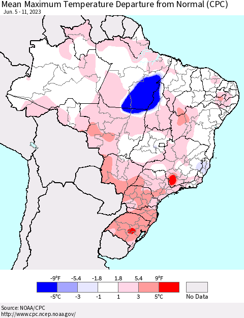 Brazil Mean Maximum Temperature Departure from Normal (CPC) Thematic Map For 6/5/2023 - 6/11/2023
