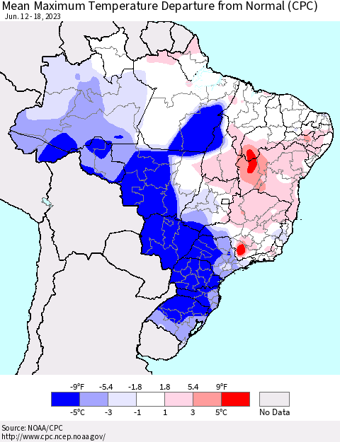 Brazil Mean Maximum Temperature Departure from Normal (CPC) Thematic Map For 6/12/2023 - 6/18/2023