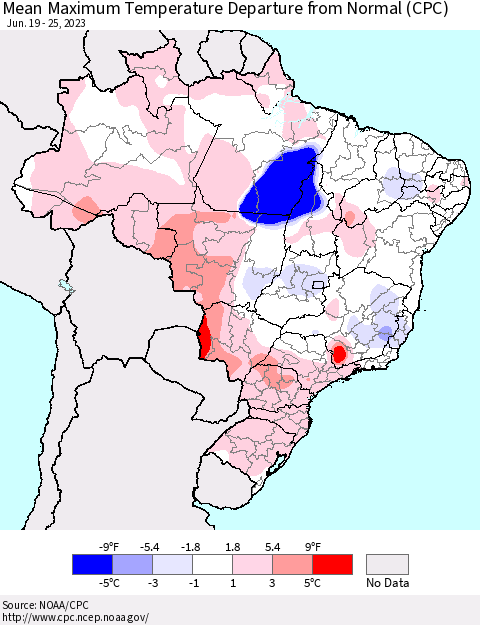 Brazil Mean Maximum Temperature Departure from Normal (CPC) Thematic Map For 6/19/2023 - 6/25/2023