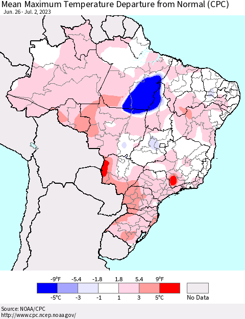 Brazil Mean Maximum Temperature Departure from Normal (CPC) Thematic Map For 6/26/2023 - 7/2/2023