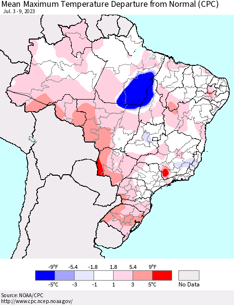 Brazil Mean Maximum Temperature Departure from Normal (CPC) Thematic Map For 7/3/2023 - 7/9/2023
