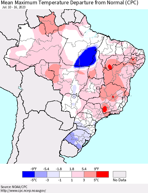 Brazil Mean Maximum Temperature Departure from Normal (CPC) Thematic Map For 7/10/2023 - 7/16/2023