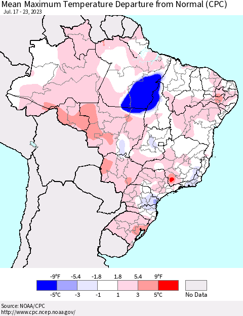 Brazil Mean Maximum Temperature Departure from Normal (CPC) Thematic Map For 7/17/2023 - 7/23/2023