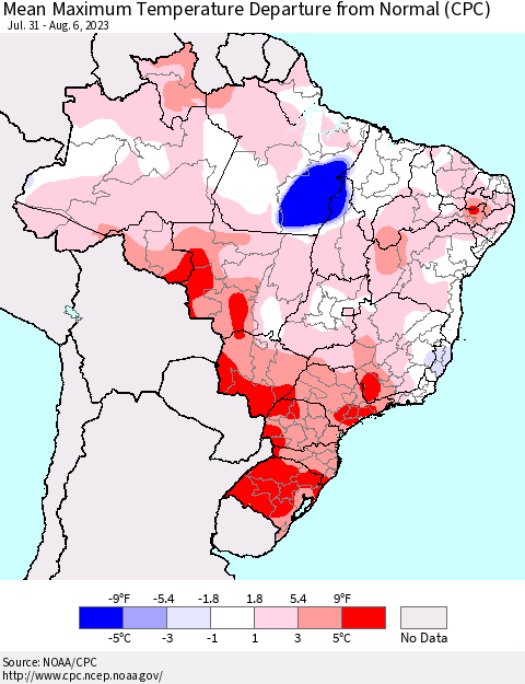 Brazil Mean Maximum Temperature Departure from Normal (CPC) Thematic Map For 7/31/2023 - 8/6/2023