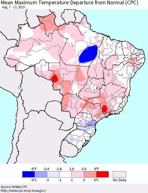 Brazil Mean Maximum Temperature Departure from Normal (CPC) Thematic Map For 8/7/2023 - 8/13/2023