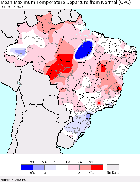 Brazil Mean Maximum Temperature Departure from Normal (CPC) Thematic Map For 10/9/2023 - 10/15/2023