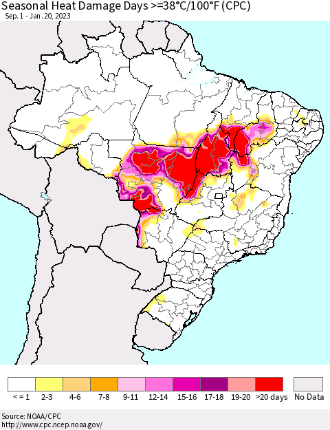 Brazil Seasonal Heat Damage Days >=38°C/100°F (CPC) Thematic Map For 9/1/2022 - 1/20/2023