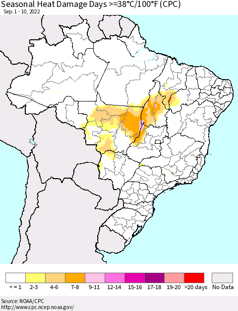 Brazil Seasonal Heat Damage Days >=38°C/100°F (CPC) Thematic Map For 9/1/2022 - 9/10/2022