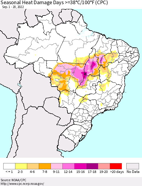 Brazil Seasonal Heat Damage Days >=38°C/100°F (CPC) Thematic Map For 9/1/2022 - 9/20/2022