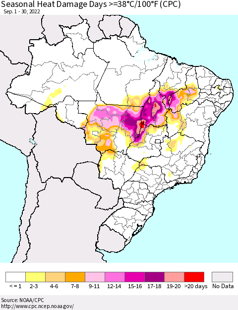 Brazil Seasonal Heat Damage Days >=38°C/100°F (CPC) Thematic Map For 9/1/2022 - 9/30/2022