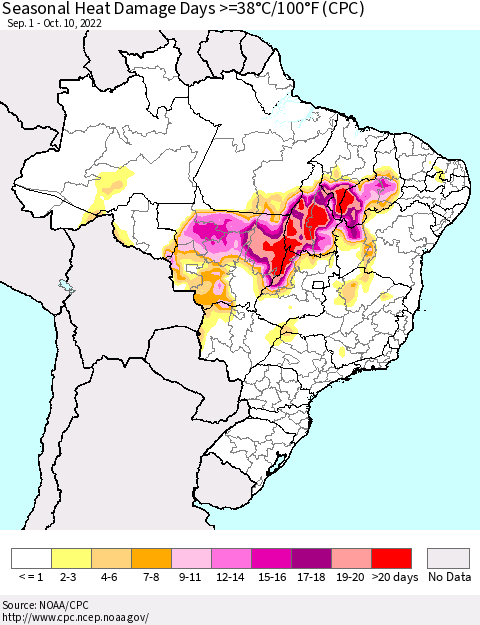 Brazil Seasonal Heat Damage Days >=38°C/100°F (CPC) Thematic Map For 9/1/2022 - 10/10/2022