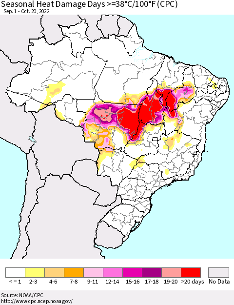 Brazil Seasonal Heat Damage Days >=38°C/100°F (CPC) Thematic Map For 9/1/2022 - 10/20/2022