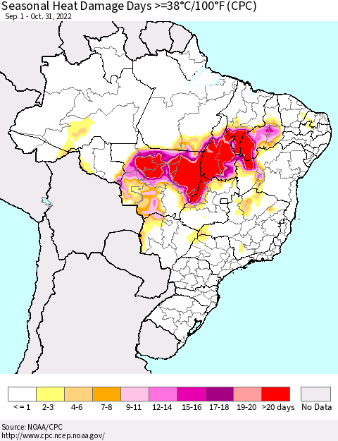 Brazil Seasonal Heat Damage Days >=38°C/100°F (CPC) Thematic Map For 9/1/2022 - 10/31/2022