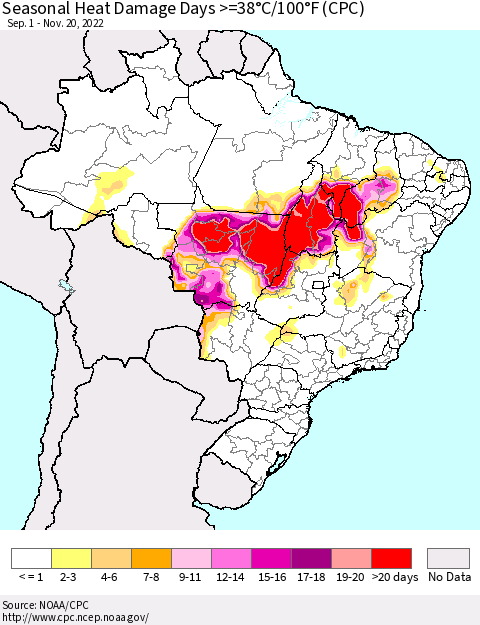 Brazil Seasonal Heat Damage Days >=38°C/100°F (CPC) Thematic Map For 9/1/2022 - 11/20/2022