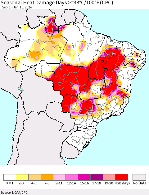 Brazil Seasonal Heat Damage Days >=38°C/100°F (CPC) Thematic Map For 9/1/2023 - 1/10/2024