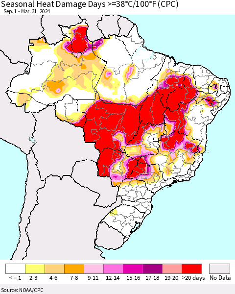 Brazil Seasonal Heat Damage Days >=38°C/100°F (CPC) Thematic Map For 9/1/2023 - 3/31/2024