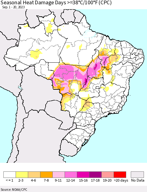 Brazil Seasonal Heat Damage Days >=38°C/100°F (CPC) Thematic Map For 9/1/2023 - 9/20/2023