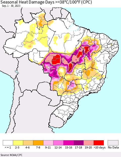 Brazil Seasonal Heat Damage Days >=38°C/100°F (CPC) Thematic Map For 9/1/2023 - 9/30/2023