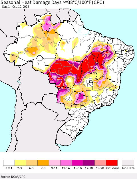 Brazil Seasonal Heat Damage Days >=38°C/100°F (CPC) Thematic Map For 9/1/2023 - 10/10/2023