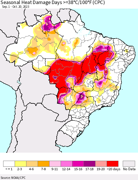 Brazil Seasonal Heat Damage Days >=38°C/100°F (CPC) Thematic Map For 9/1/2023 - 10/20/2023