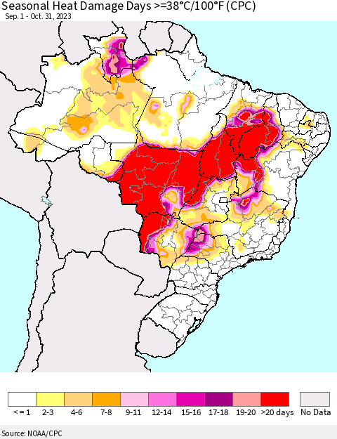 Brazil Seasonal Heat Damage Days >=38°C/100°F (CPC) Thematic Map For 9/1/2023 - 10/31/2023