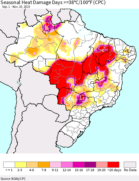 Brazil Seasonal Heat Damage Days >=38°C/100°F (CPC) Thematic Map For 9/1/2023 - 11/10/2023