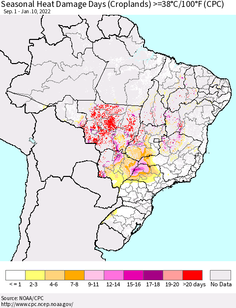 Brazil Seasonal Heat Damage Days (Croplands) >=38°C/100°F (CPC) Thematic Map For 9/1/2021 - 1/10/2022