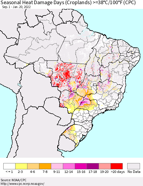 Brazil Seasonal Heat Damage Days (Croplands) >=38°C/100°F (CPC) Thematic Map For 9/1/2021 - 1/20/2022