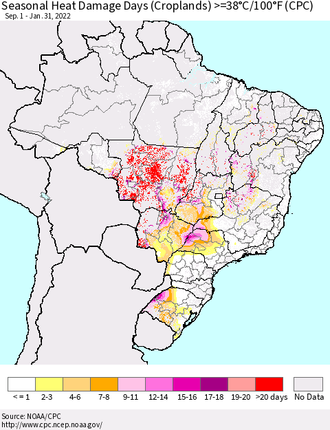 Brazil Seasonal Heat Damage Days (Croplands) >=38°C/100°F (CPC) Thematic Map For 9/1/2021 - 1/31/2022