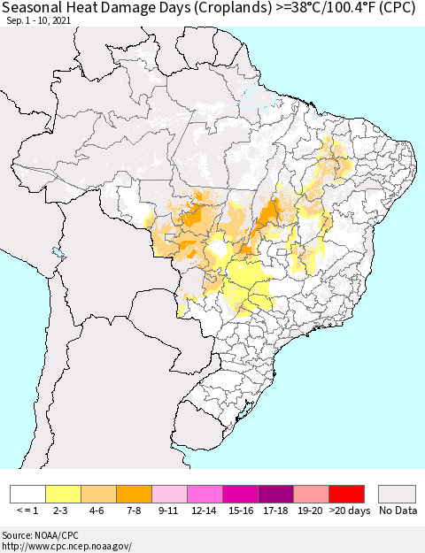 Brazil Seasonal Heat Damage Days (Croplands) >=38°C/100°F (CPC) Thematic Map For 9/1/2021 - 9/10/2021
