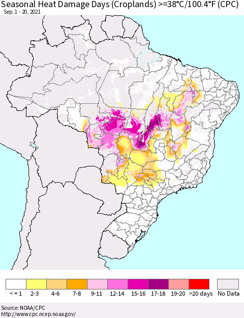 Brazil Seasonal Heat Damage Days (Croplands) >=38°C/100°F (CPC) Thematic Map For 9/1/2021 - 9/20/2021