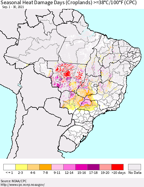 Brazil Seasonal Heat Damage Days (Croplands) >=38°C/100°F (CPC) Thematic Map For 9/1/2021 - 9/30/2021
