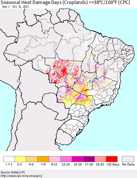 Brazil Seasonal Heat Damage Days (Croplands) >=38°C/100°F (CPC) Thematic Map For 9/1/2021 - 10/31/2021