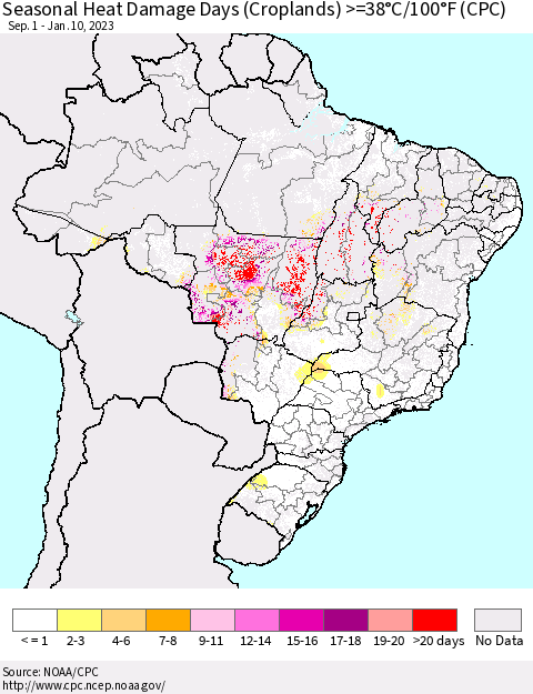 Brazil Seasonal Heat Damage Days (Croplands) >=38°C/100°F (CPC) Thematic Map For 9/1/2022 - 1/10/2023