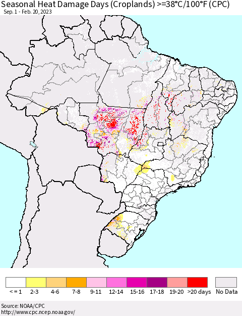 Brazil Seasonal Heat Damage Days (Croplands) >=38°C/100°F (CPC) Thematic Map For 9/1/2022 - 2/20/2023