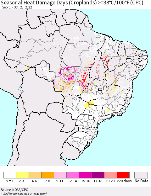 Brazil Seasonal Heat Damage Days (Croplands) >=38°C/100°F (CPC) Thematic Map For 9/1/2022 - 10/20/2022