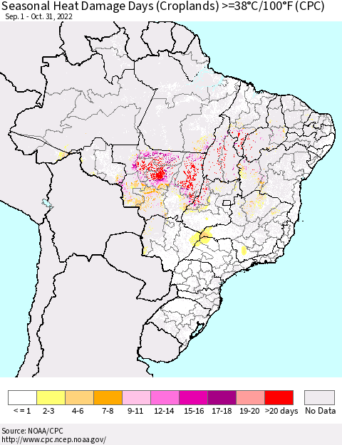 Brazil Seasonal Heat Damage Days (Croplands) >=38°C/100°F (CPC) Thematic Map For 9/1/2022 - 10/31/2022