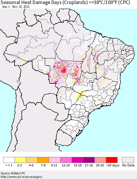 Brazil Seasonal Heat Damage Days (Croplands) >=38°C/100°F (CPC) Thematic Map For 9/1/2022 - 11/20/2022