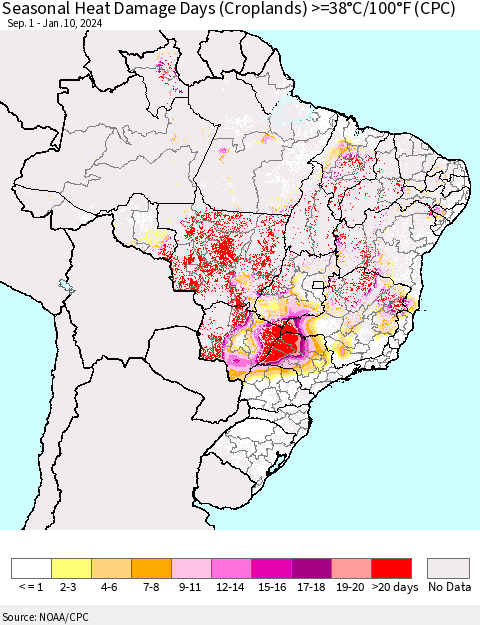 Brazil Seasonal Heat Damage Days (Croplands) >=38°C/100°F (CPC) Thematic Map For 9/1/2023 - 1/10/2024