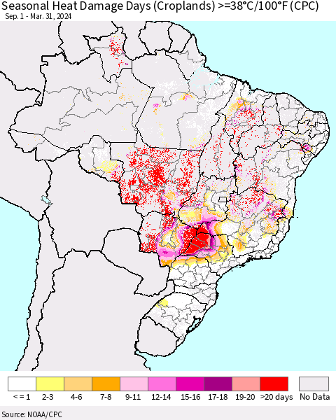 Brazil Seasonal Heat Damage Days (Croplands) >=38°C/100°F (CPC) Thematic Map For 9/1/2023 - 3/31/2024