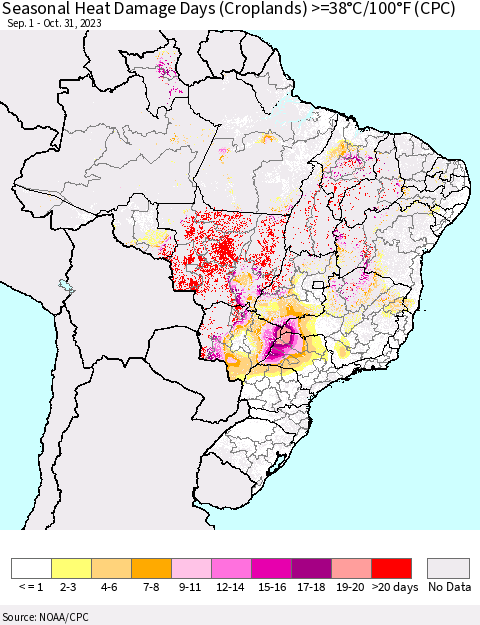 Brazil Seasonal Heat Damage Days (Croplands) >=38°C/100°F (CPC) Thematic Map For 9/1/2023 - 10/31/2023