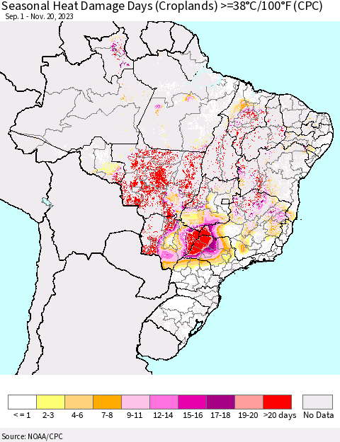 Brazil Seasonal Heat Damage Days (Croplands) >=38°C/100°F (CPC) Thematic Map For 9/1/2023 - 11/20/2023