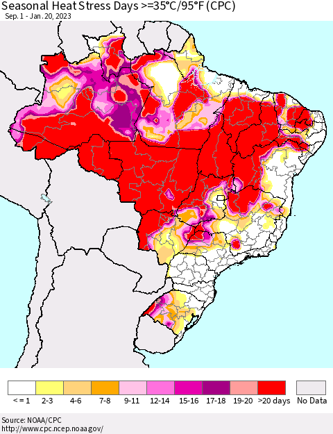 Brazil Seasonal Heat Stress Days >=35°C/95°F (CPC) Thematic Map For 9/1/2022 - 1/20/2023