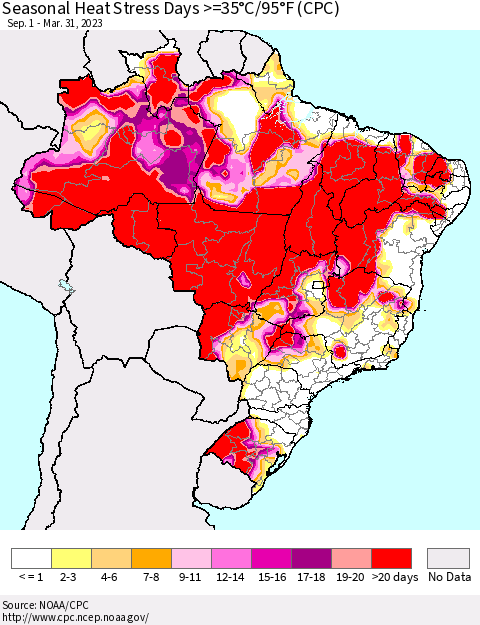 Brazil Seasonal Heat Stress Days >=35°C/95°F (CPC) Thematic Map For 9/1/2022 - 3/31/2023
