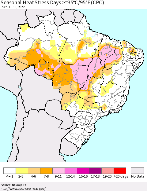 Brazil Seasonal Heat Stress Days >=35°C/95°F (CPC) Thematic Map For 9/1/2022 - 9/10/2022