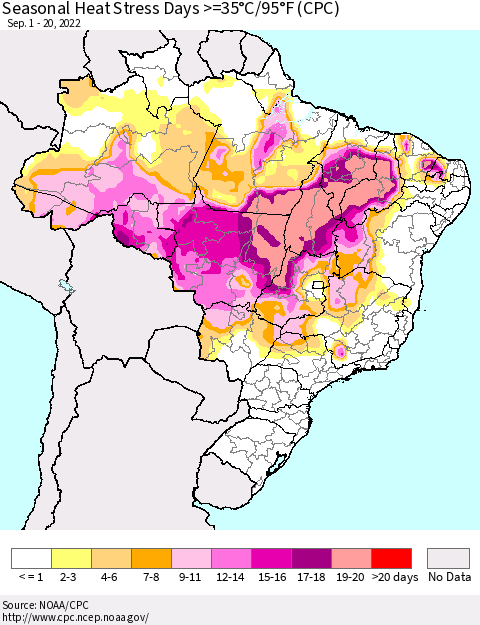 Brazil Seasonal Heat Stress Days >=35°C/95°F (CPC) Thematic Map For 9/1/2022 - 9/20/2022